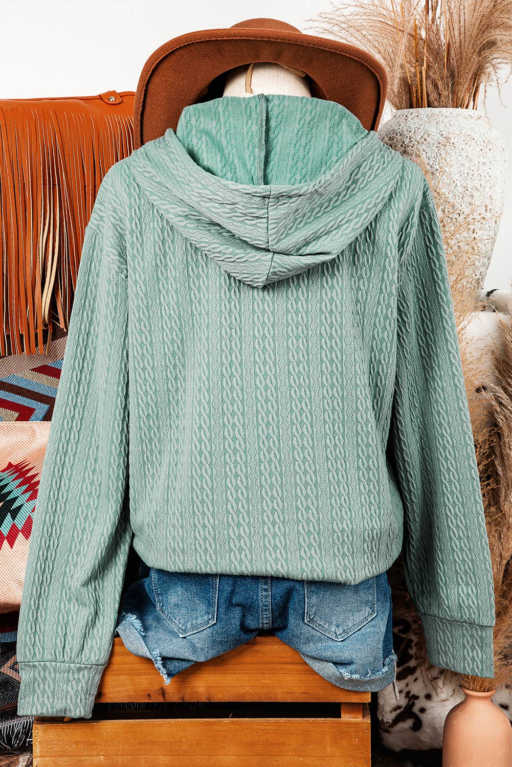Button Front Textured Drawstring Hoodie