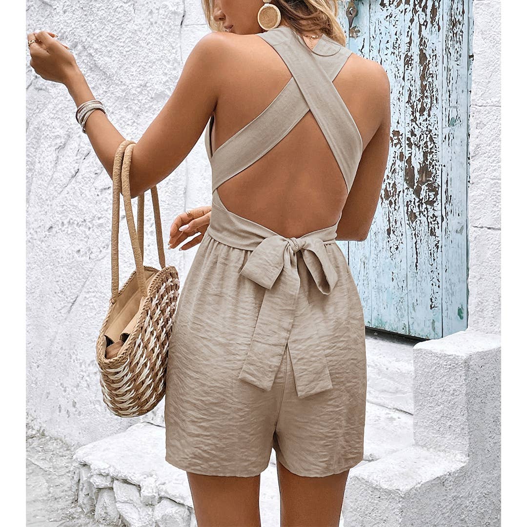 Sleeveless Halter Backless Tie-Up Romper