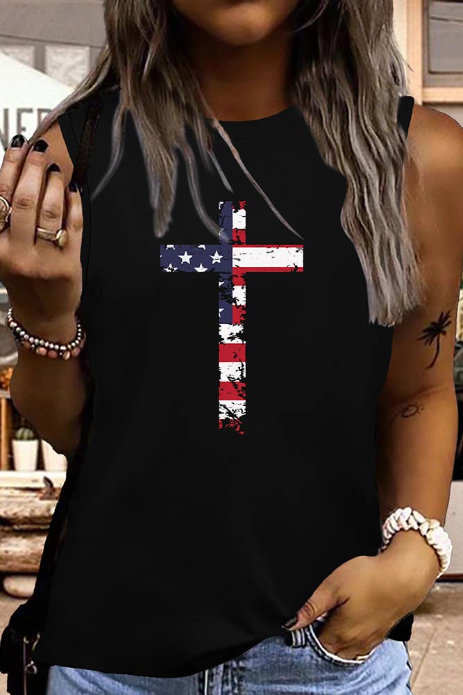 USA Flag Cross Christian Print Graphic Tank Top STC125D50