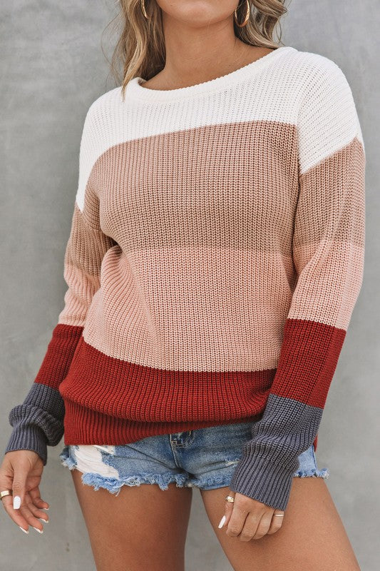Color Block Knitted O-Neck Sweater
