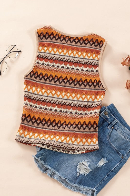 Striped & Geo Jacquard Knit Cropped Tank Top