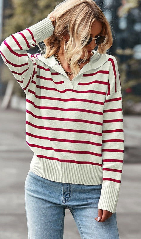 V-Neck Striped Pullover Sweater
