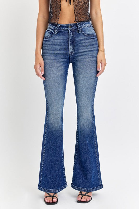 Cello High Rise Flare Jeans with Braided Belt Loops