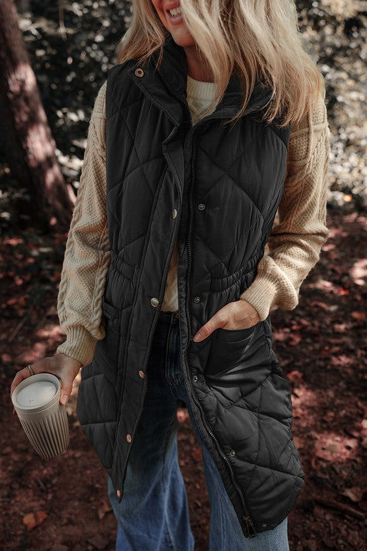 Long Puffer Quilted Pocketed Vest