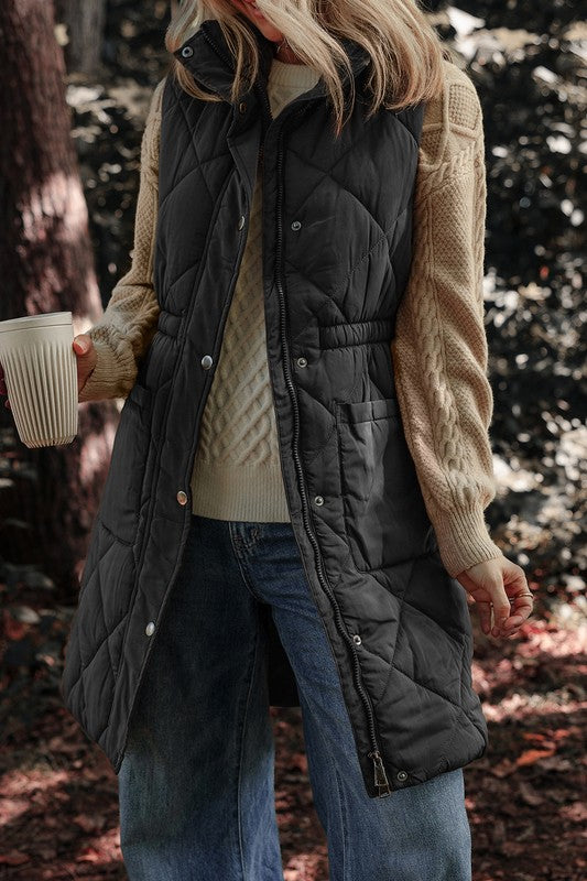 Long Puffer Quilted Pocketed Vest