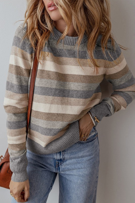 Striped Color Block Ribbed Edge Sweater