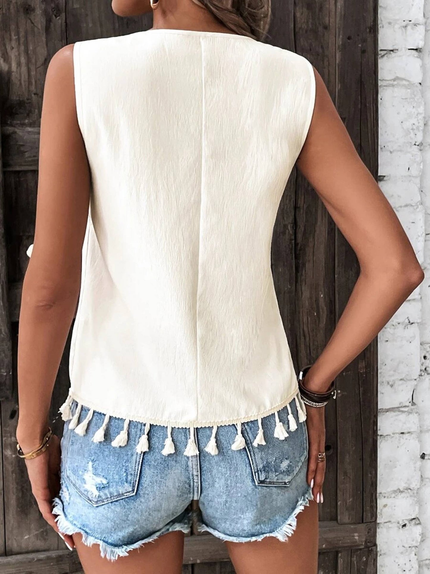 Tassel Trim V-Neck Tank Top Comfy Sleeveless
