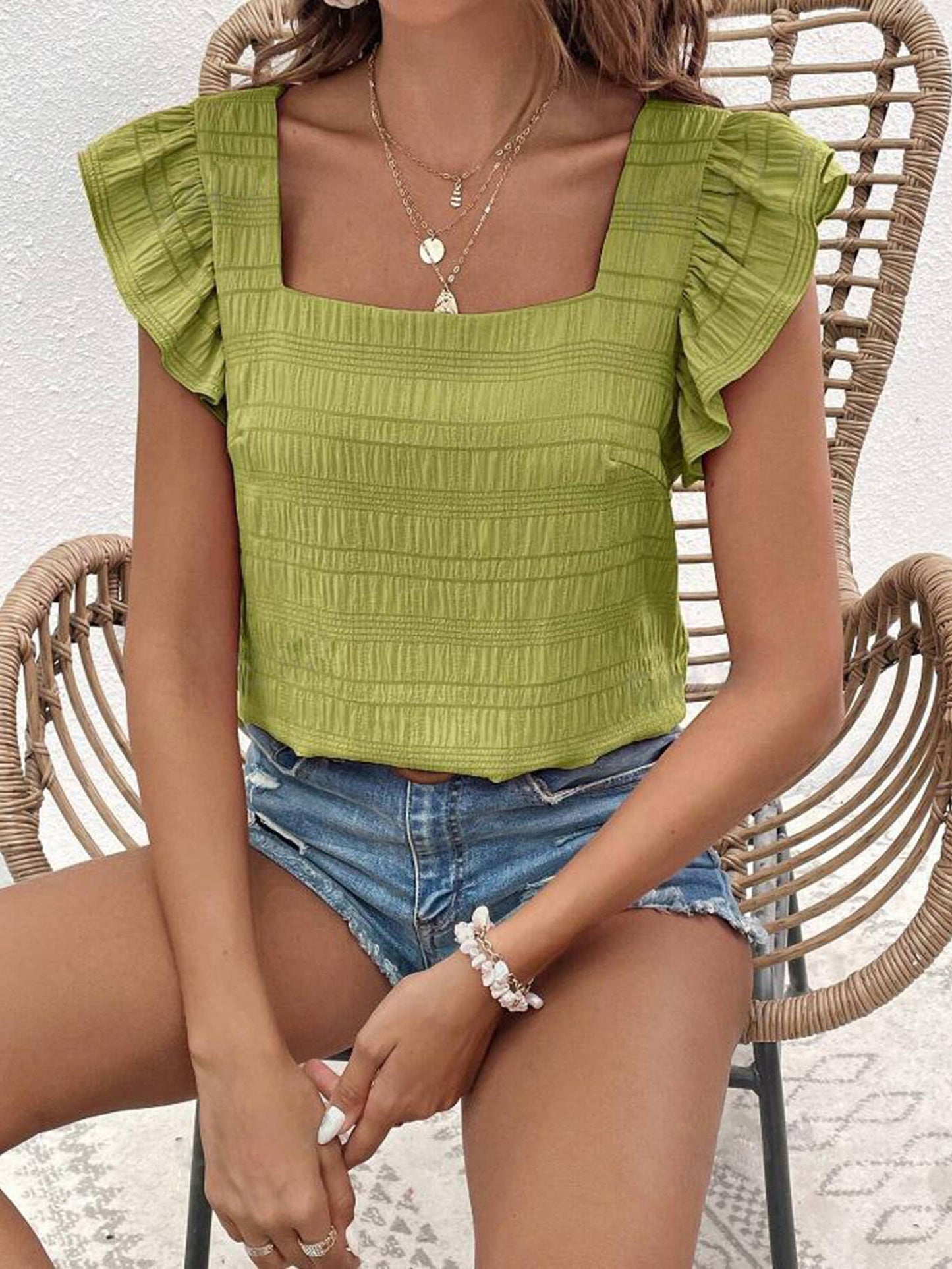 Square Collar Ruffled Shirt Top