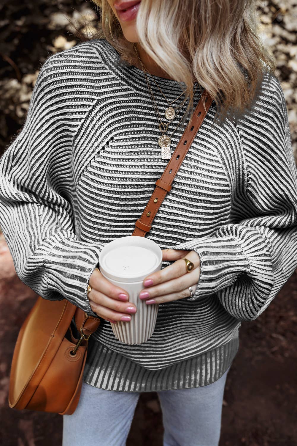 Striped Print Ribbed Knit Boat Neck Baggy Sweater