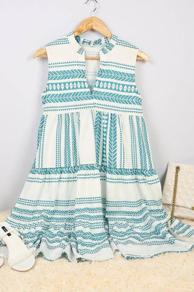Aztec Print V-neck Sleeveless Mini Dress DRSW741