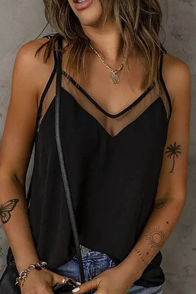 Plain V Neck Mesh Splicing Tank Top