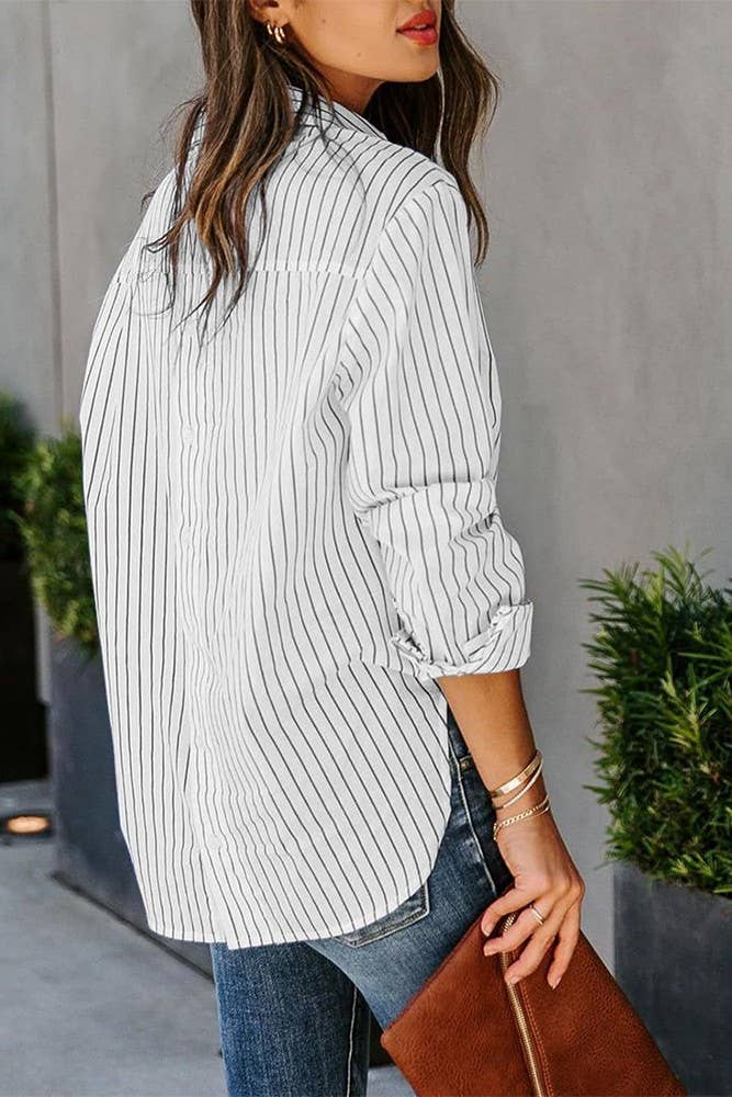 Striped Open Button Long Sleeves Blouse Shirt