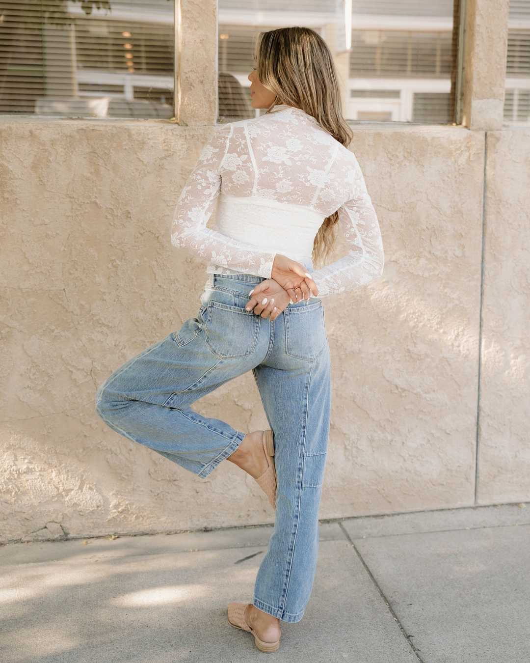White Mock Neck Floral Lace Mesh Long Sleeve Top - White