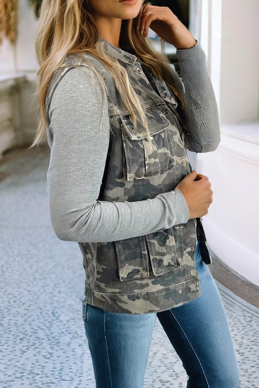 Print Button Cargo Pocket Button Down Denim Vest