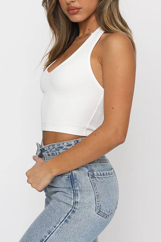 Halter Neck Backless Ribbed Knitting Tank Crop Top