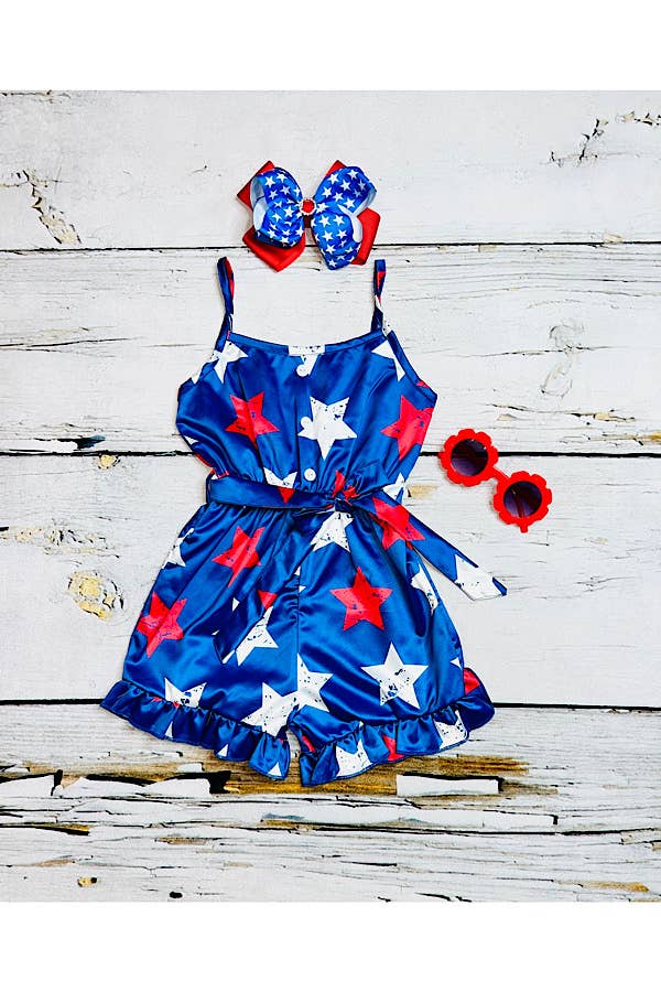 Royal blue w/red & white stars satin girls romper