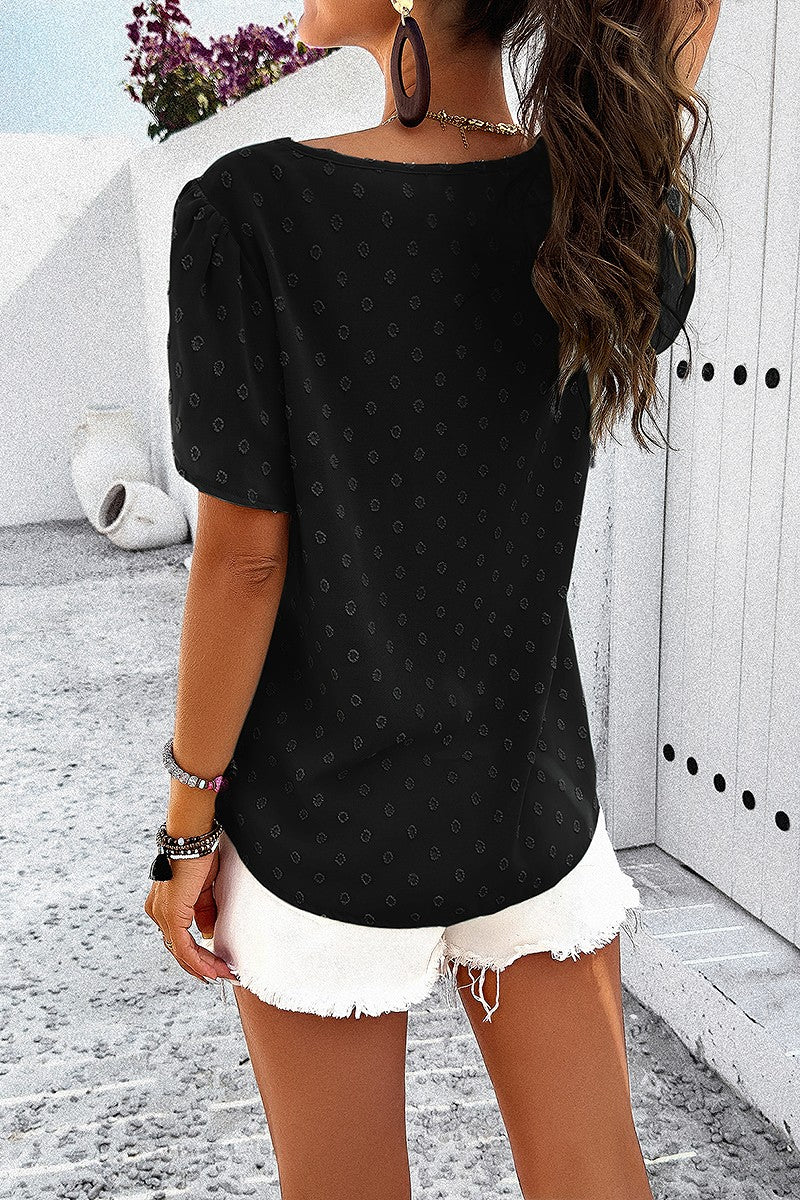 Swiss Dot Ruched Sleeve Blouse