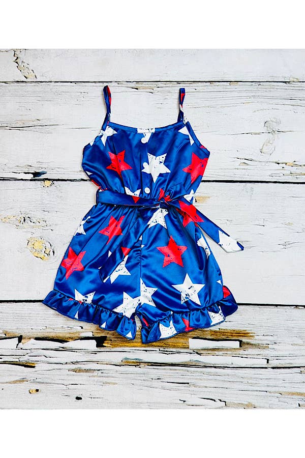 Royal blue w/red & white stars satin girls romper