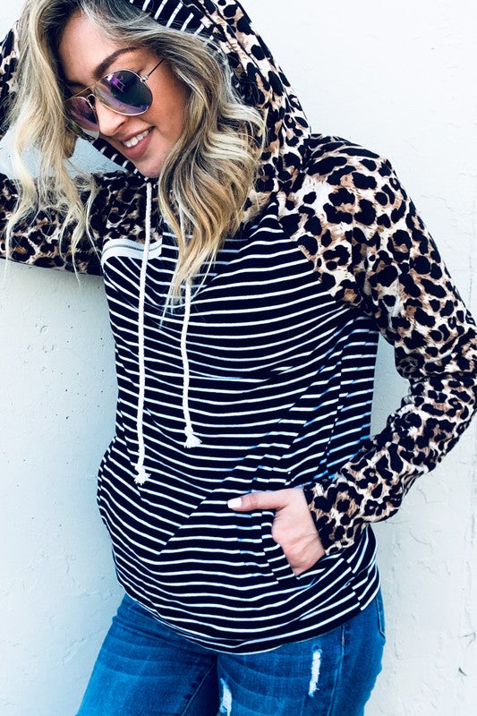 Leopard Stripe Hood with Side Zipper Hoodie