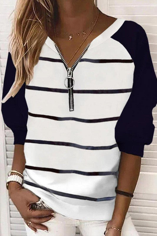Classy Striped Zipper Long Sleeve Top