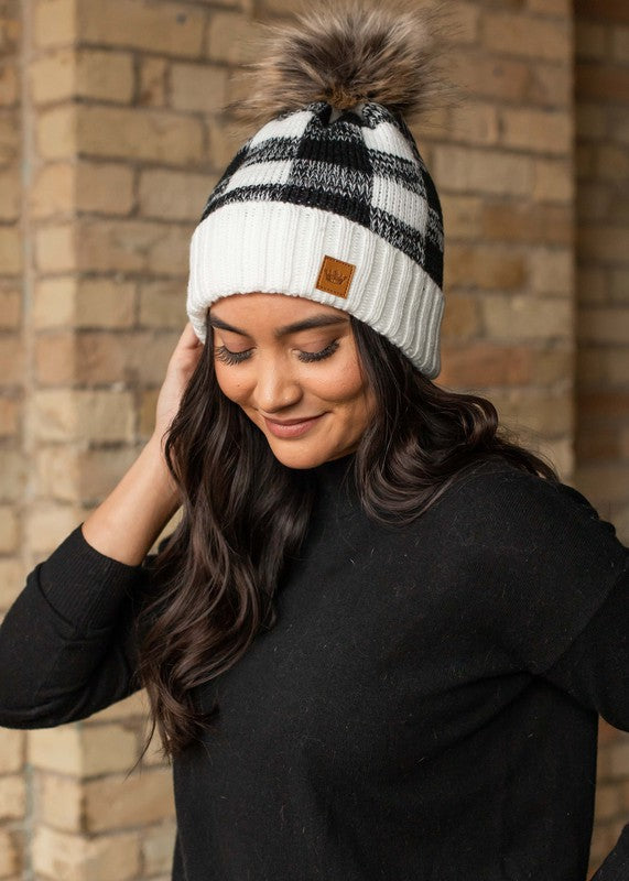 Buffalo Plaid Fleece Lined Knit Hat with Pom