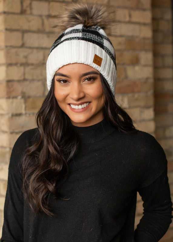 Buffalo Plaid Fleece Lined Knit Hat with Pom