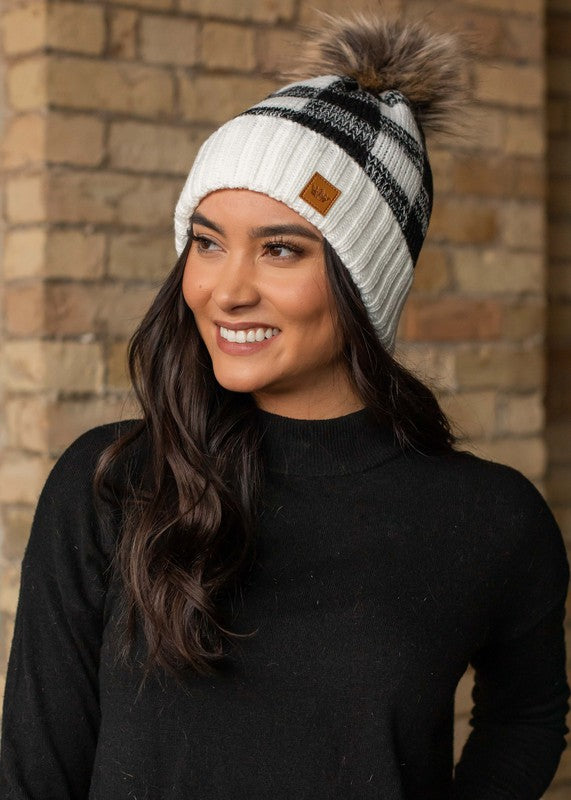 Buffalo Plaid Fleece Lined Knit Hat with Pom