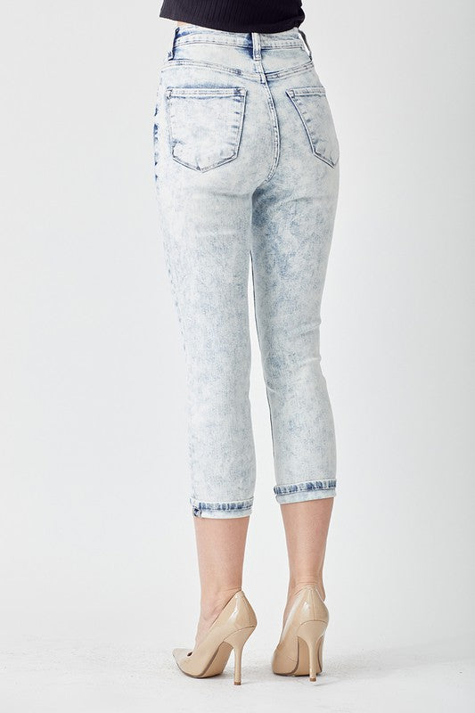High Rise Basic Acid Wash Capri Jeans