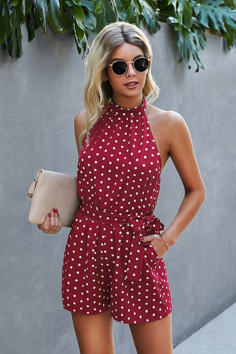 Sleeveless Polka Dot Romper with Detached Waist Tie