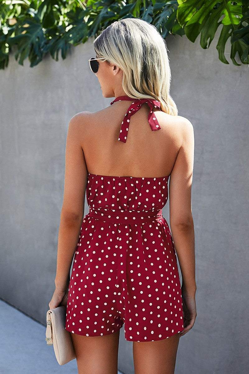 Sleeveless Polka Dot Romper with Detached Waist Tie