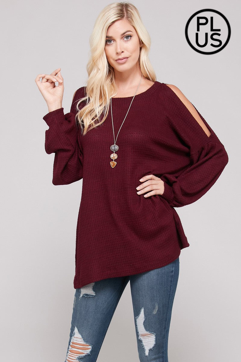 Cold Shoulder Bubble Sleeve Waffle Top PLUS