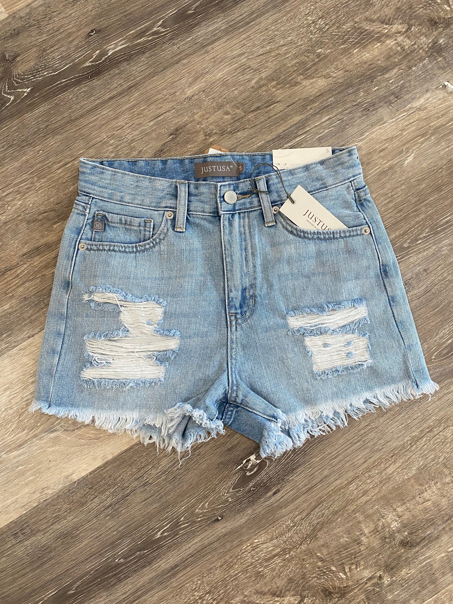 High Rise Denim Shorts with Fray Hem