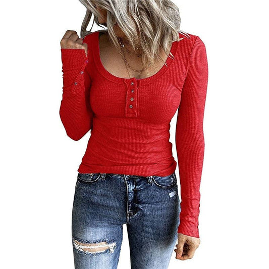 Solid Color Slim Fit Button Long Sleeve Top