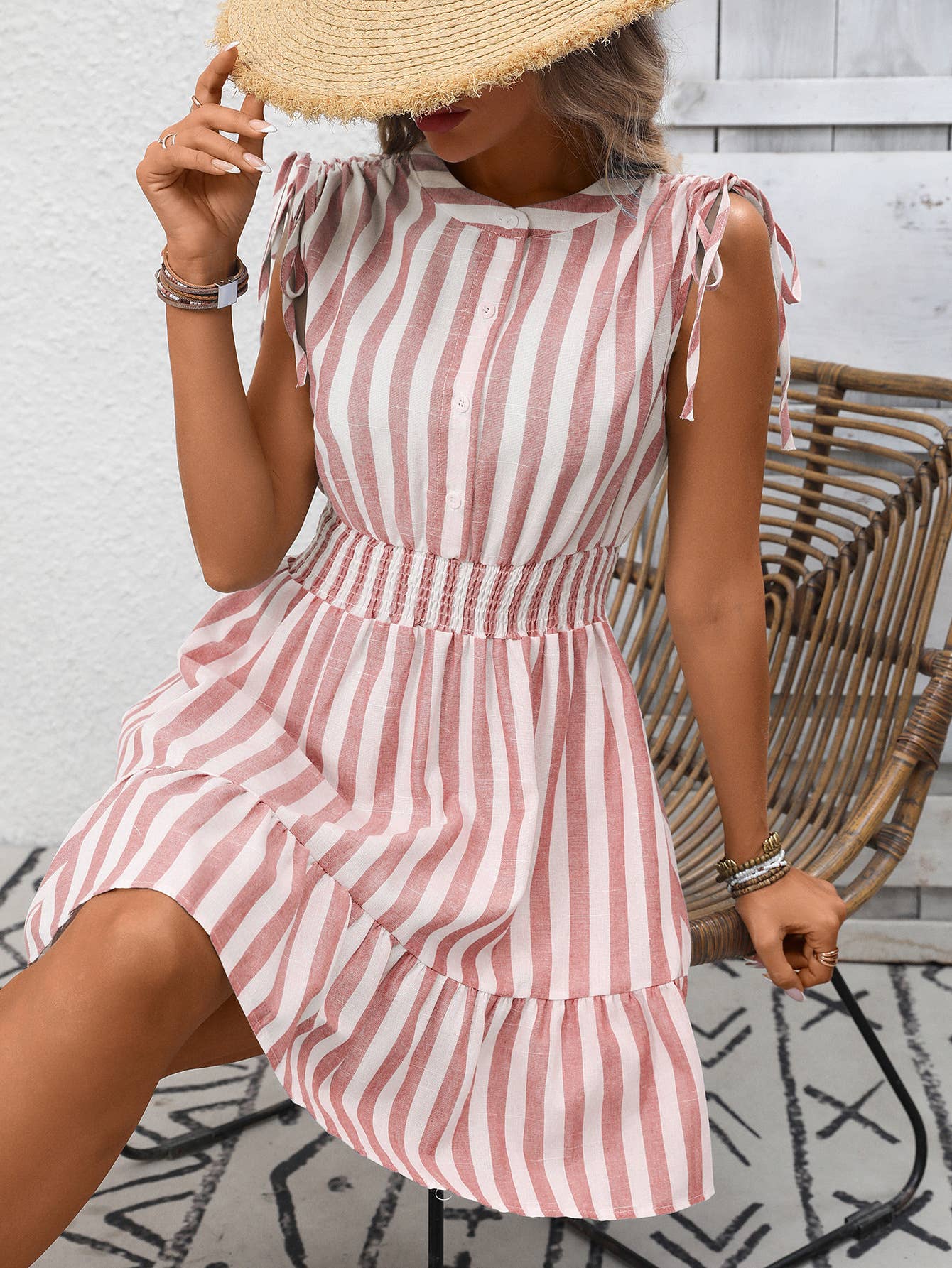 Striped Smocked Waist Tie Shoulder Mini Dress