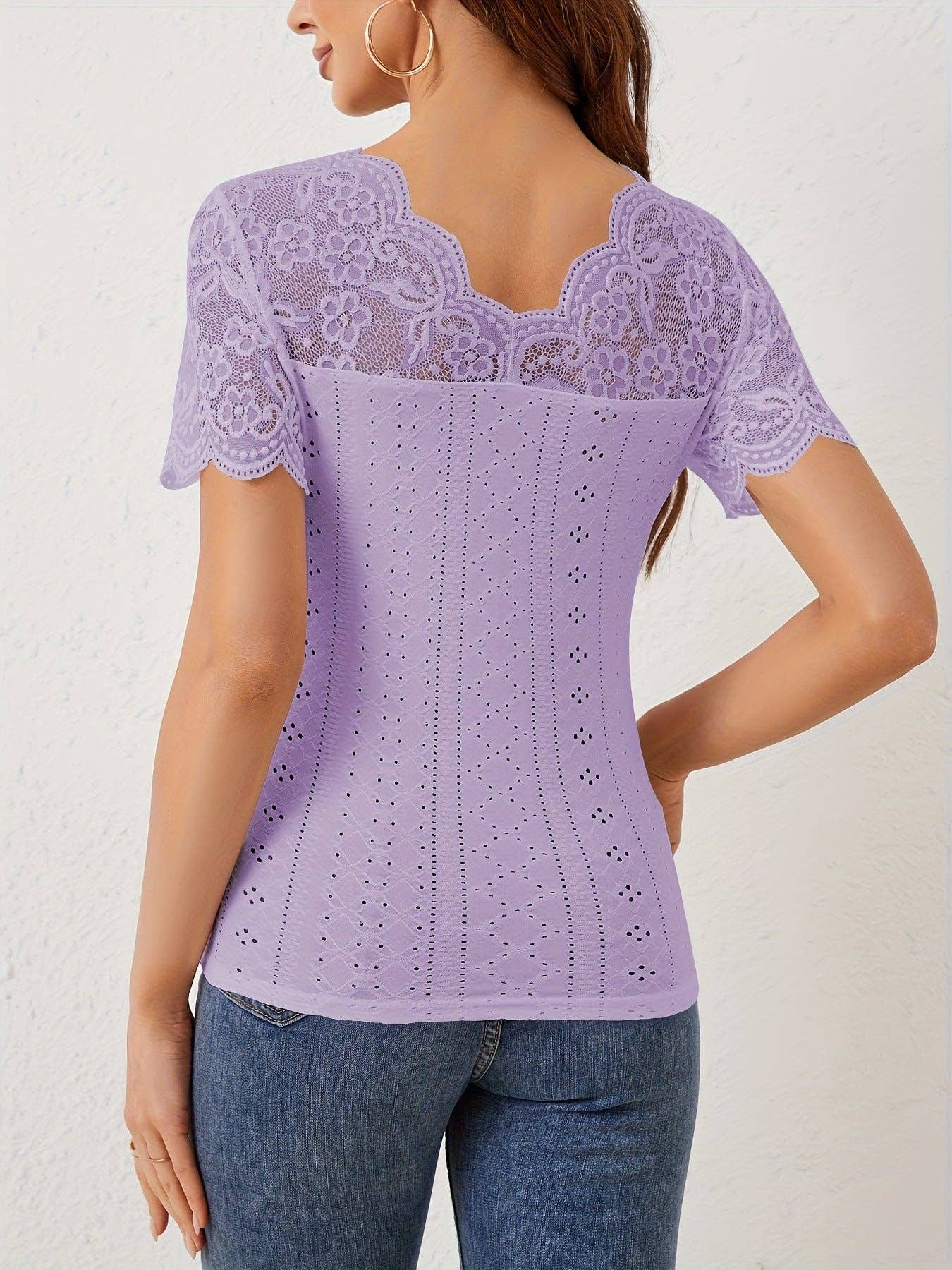 Lace Patchwork Slim Fit V-Neck Short Sleeve Crop Top