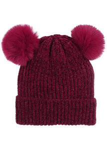 Solid Chenille Hat with Two Poms