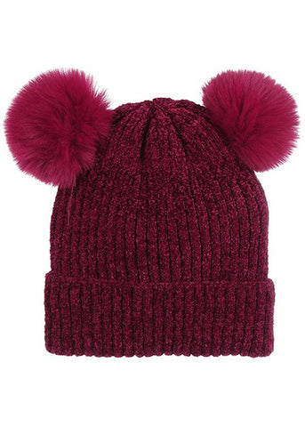 Solid Chenille Hat with Two Poms