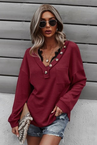 V-Neck Long Sleeve Top with Button Detail