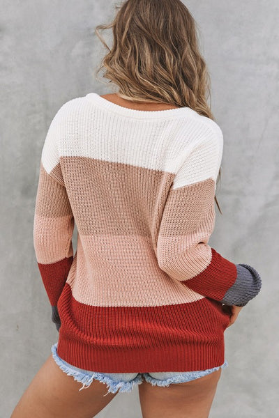 Color Block Knitted O-Neck Sweater