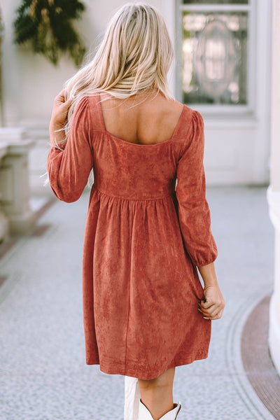 Suede Square Neck Puff Sleeve Dress