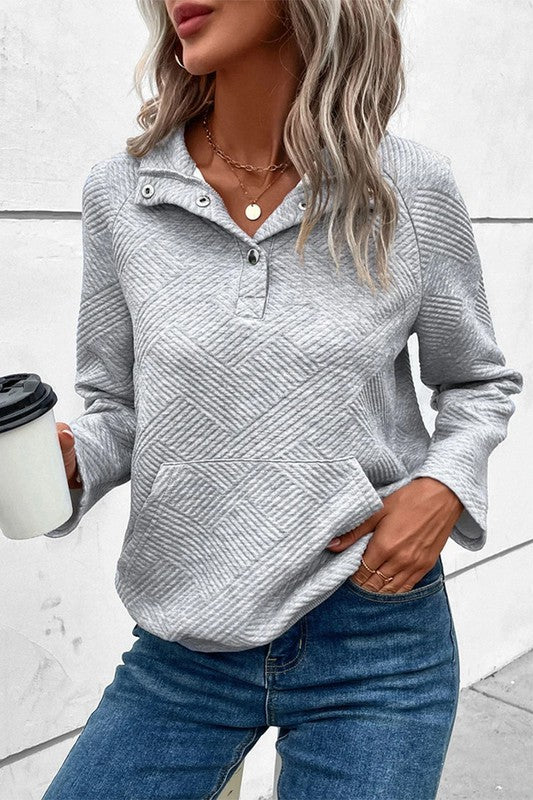 Knit Buttoned Kangaroo Pocket Sweatshirt