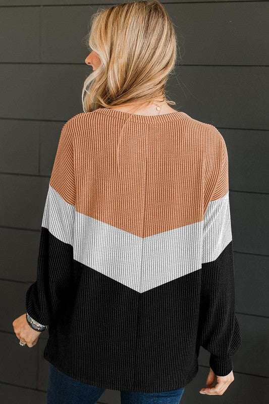 Color Block Corded Texture Long Sleeve Top