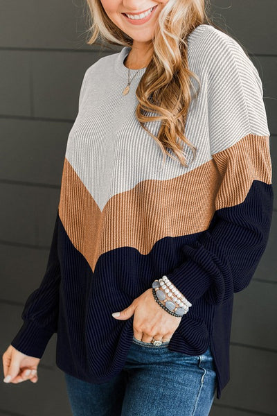 Color Block Corded Texture Long Sleeve Top
