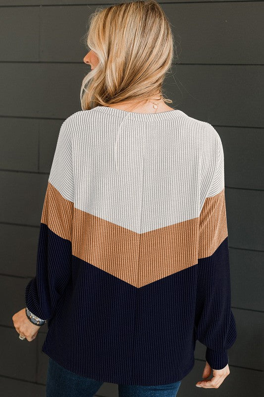 Color Block Corded Texture Long Sleeve Top