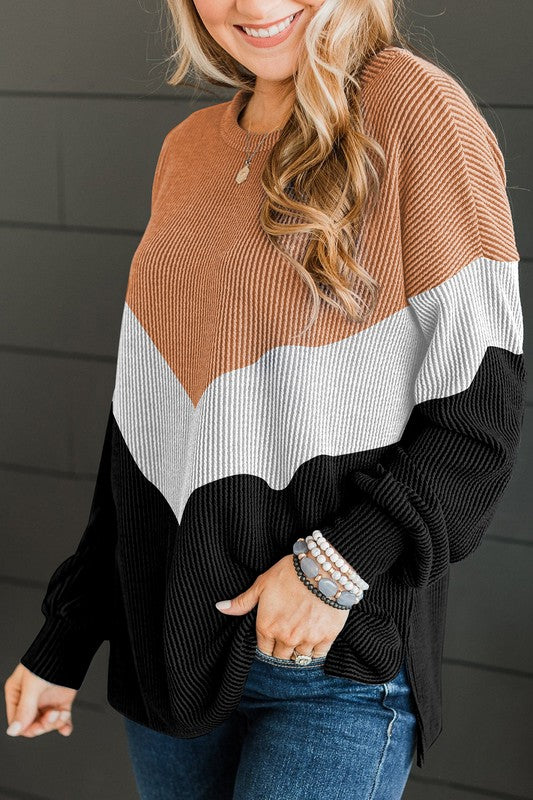 Color Block Corded Texture Long Sleeve Top