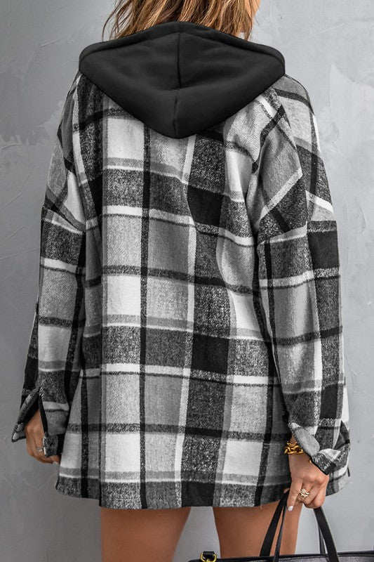 Hooded Plaid Button Front Shacket