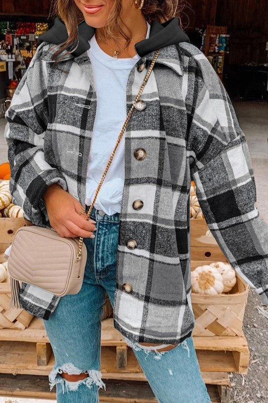 Hooded Plaid Button Front Shacket