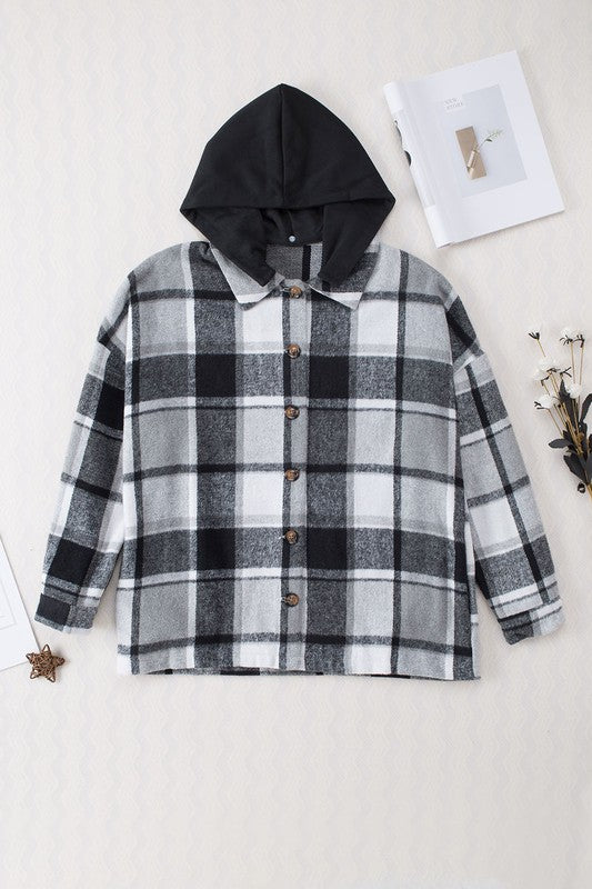 Hooded Plaid Button Front Shacket