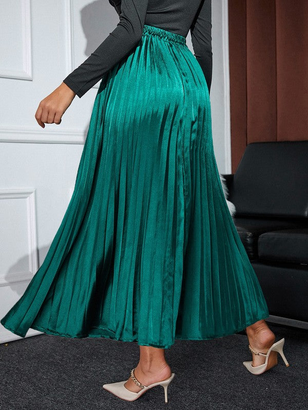 Satin Elastic Waist Pleated Maxi Skirt