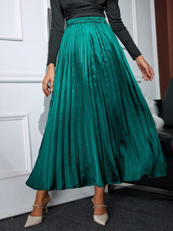 Satin Elastic Waist Pleated Maxi Skirt